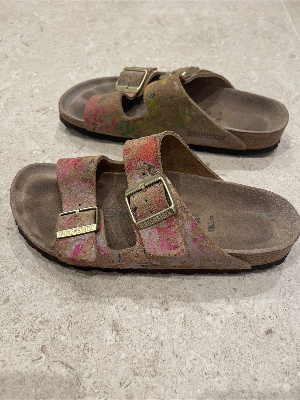 Women’s Birkenstock Two-Strap Sandals with Pink, Yellow, Green Accents - Picture 2 of 7